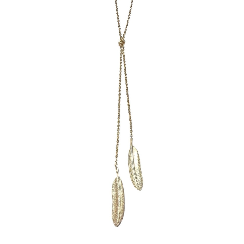 Vtg Gold Tone Feather Lariat Necklace Boho Y2K Adjustable Pendant Jewelry